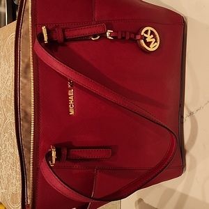 Michael Kors Charlotte Large Top Zip Leather Tote in Dark Cherry Saffiano Leathe